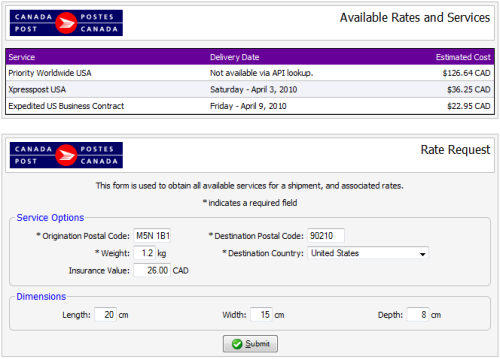 Canada Post shipping rates